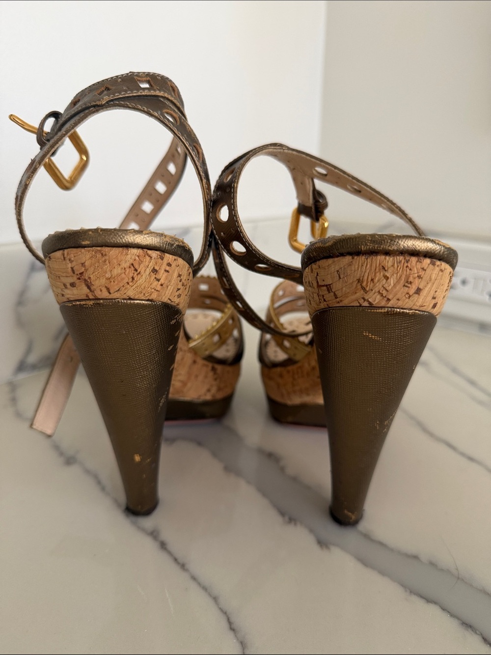 Prada Gold, Bronze and Brown Strappy Heeled Sandals - Picture 2 of 4
